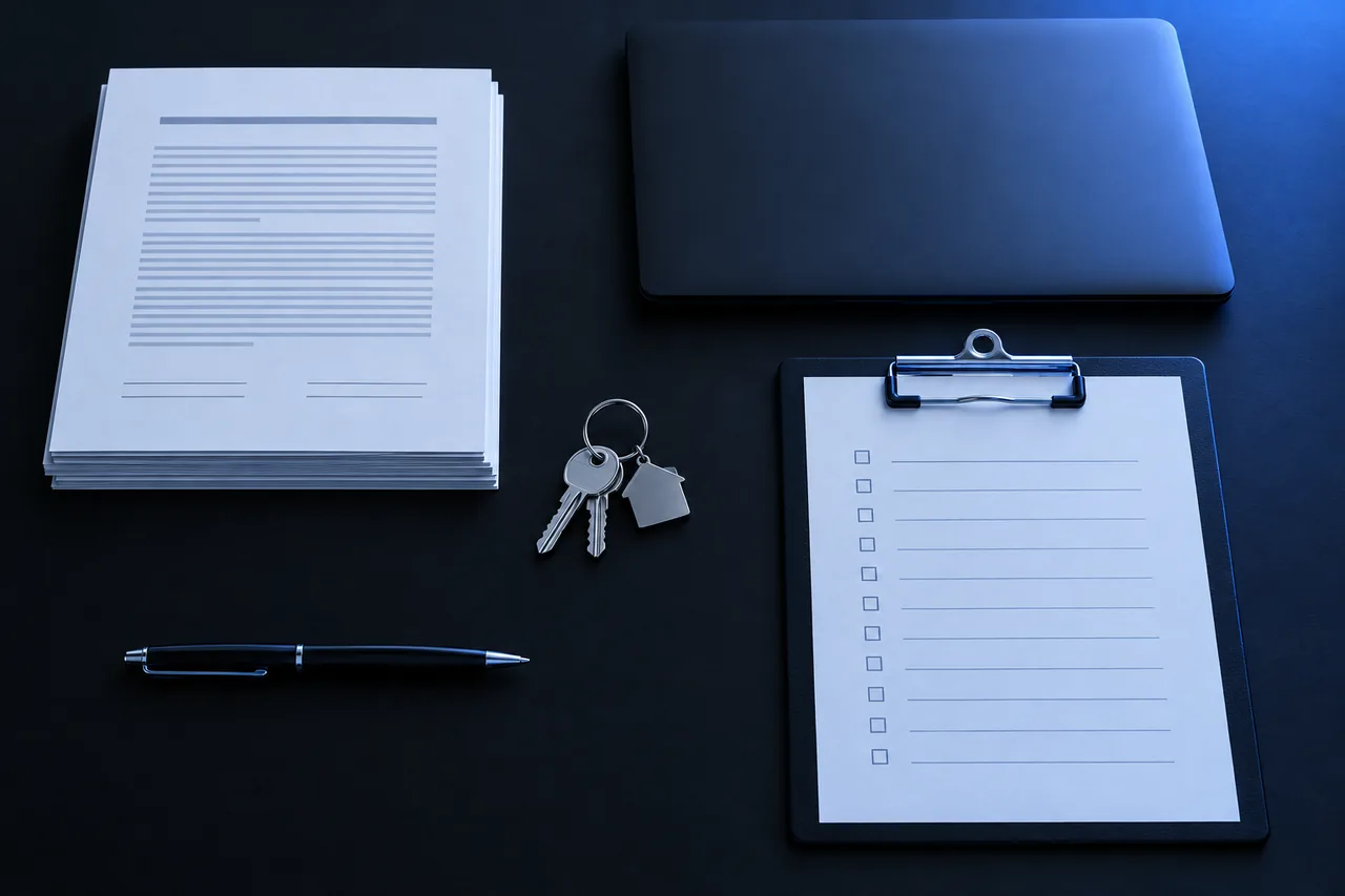 Organized real estate transaction documents, checklist and keys on a desk